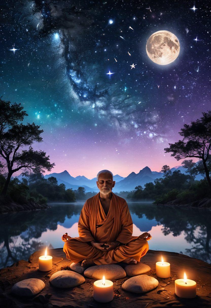 A serene landscape featuring a wise guru meditating under a celestial night sky filled with constellations representing Vedic astrology. Surround the scene with ancient scriptures, candles, and soft glowing orbs to evoke a sense of enlightenment. Include symbols of spirituality like lotus flowers and mandalas. The ambiance should be tranquil and ethereal, inviting the viewer on a journey of self-discovery. super-realistic. vibrant colors. mystical atmosphere.