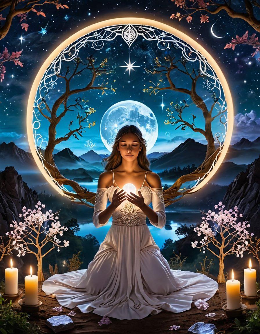 A celestial scene featuring a luminous full moon surrounded by astrological symbols, interwoven with ethereal vines and sparkling stars. In the foreground, a calm figure engaged in a sacred ritual, surrounded by mystical elements like crystals and candles. The background showcases a dreamy landscape merging nature and the cosmos, evoking a sense of empowerment and transformation. super-realistic. vibrant colors. dreamlike atmosphere.